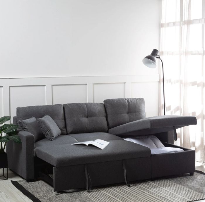Sofá Seccional Baul Cama 2 Plazas Moderno Lino Gris Sidney Intercambiable