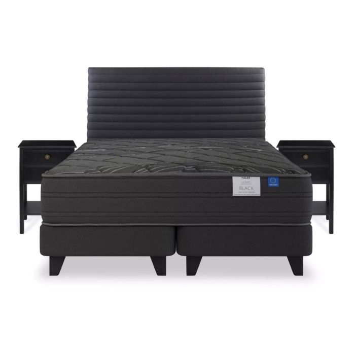 Cama Europea 2 Plazas  Black Base Dividida Gris Respaldo +Veladores Flex